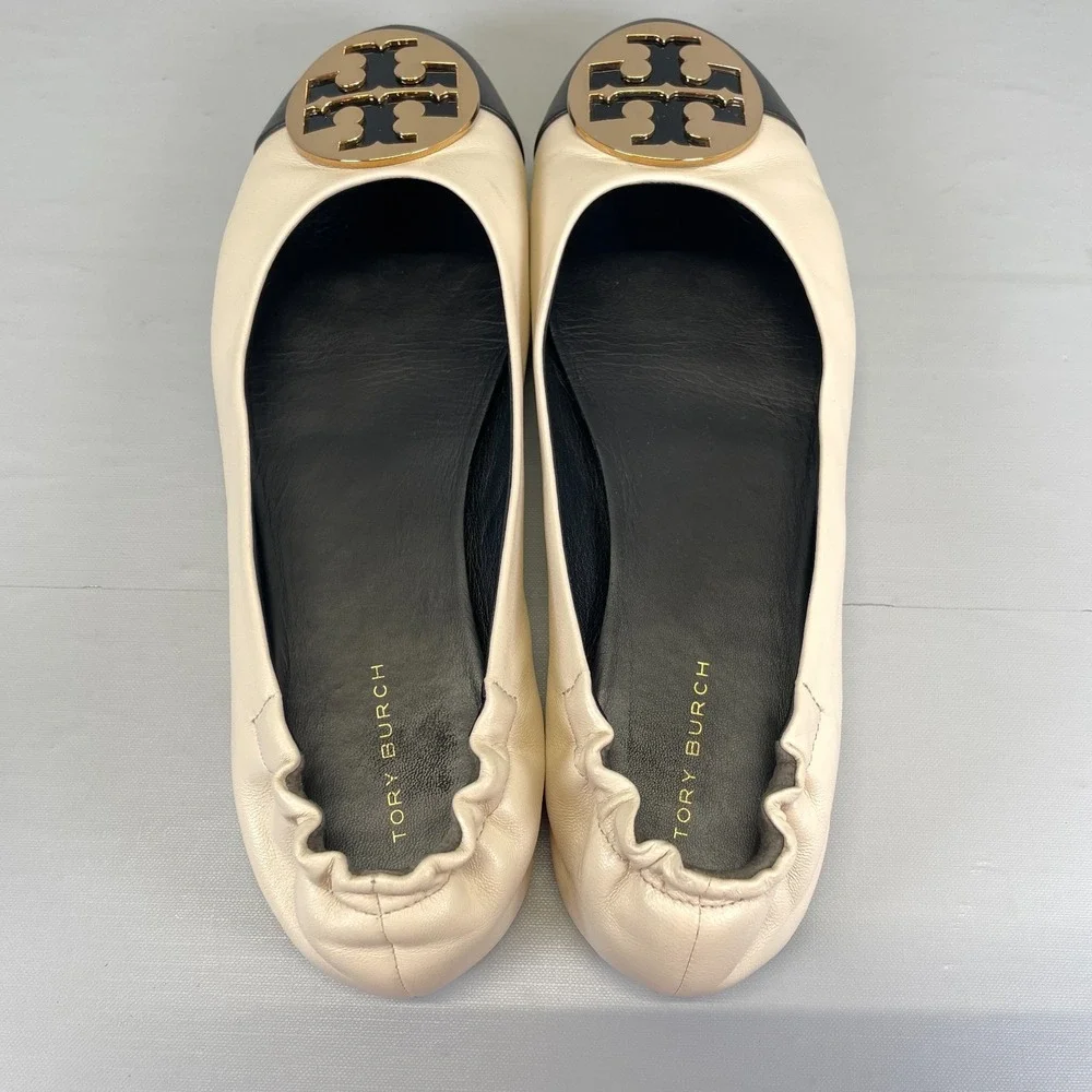 Tory Burch Claire Ballet Flats Womens Size 7.5 Cream Black Leather Cap Toe Shoes